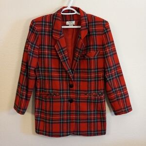 Vintage Take Six Red Plaid Blazer Buttons Pockets Lined 35% Wool. Women's Sz 10.